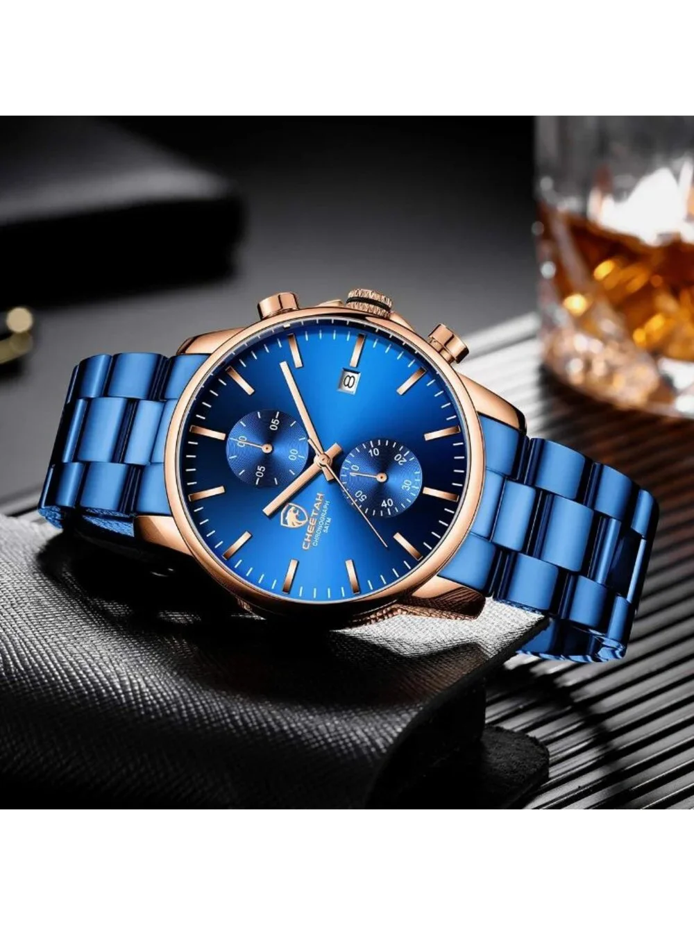 Men's Rose Blue Fashion Stainless Steel Waterproof Chronograph Quartz Watches